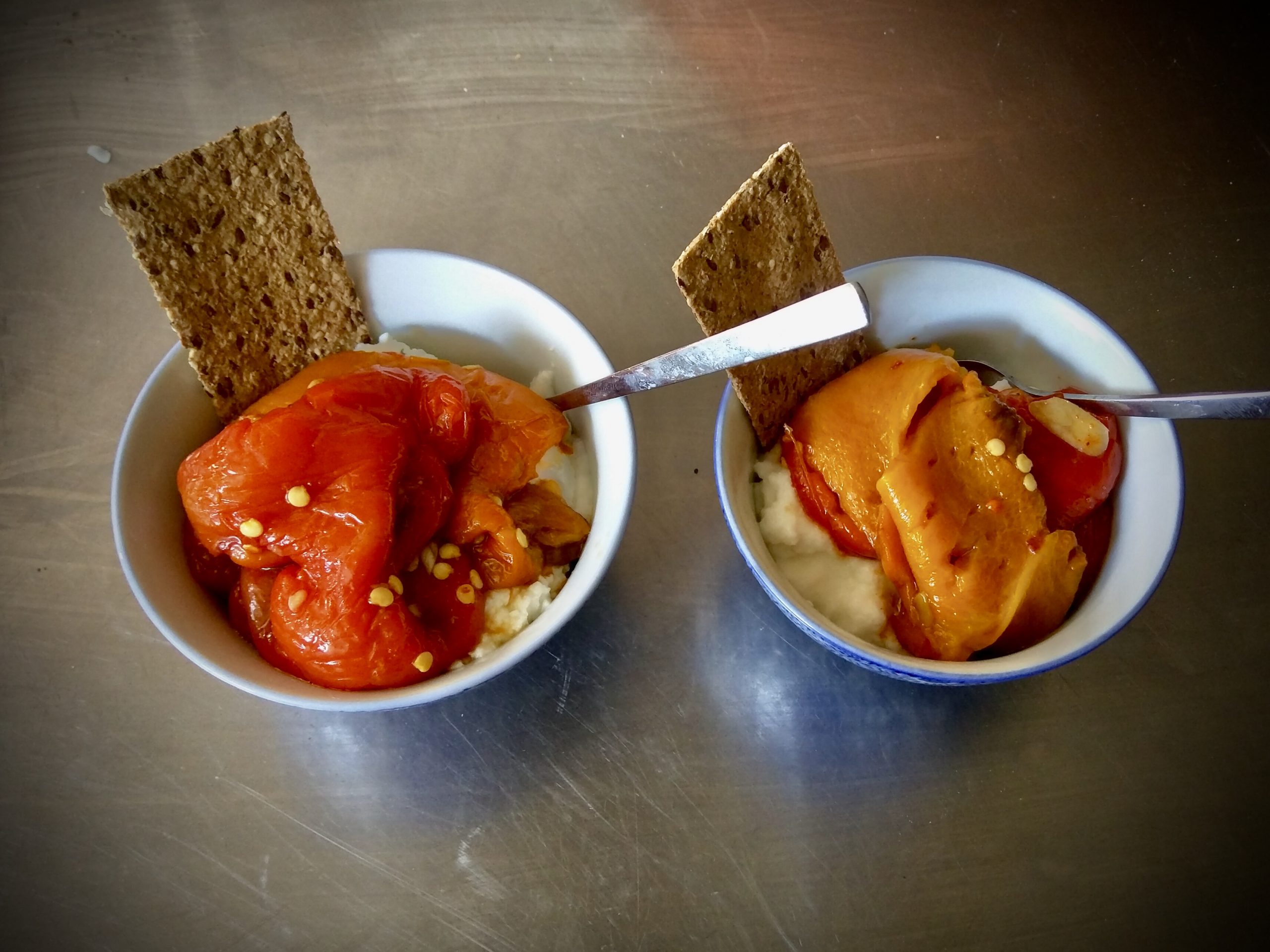 Breakfast: Roasted Peppers with Goat Yoghurt and Crackers