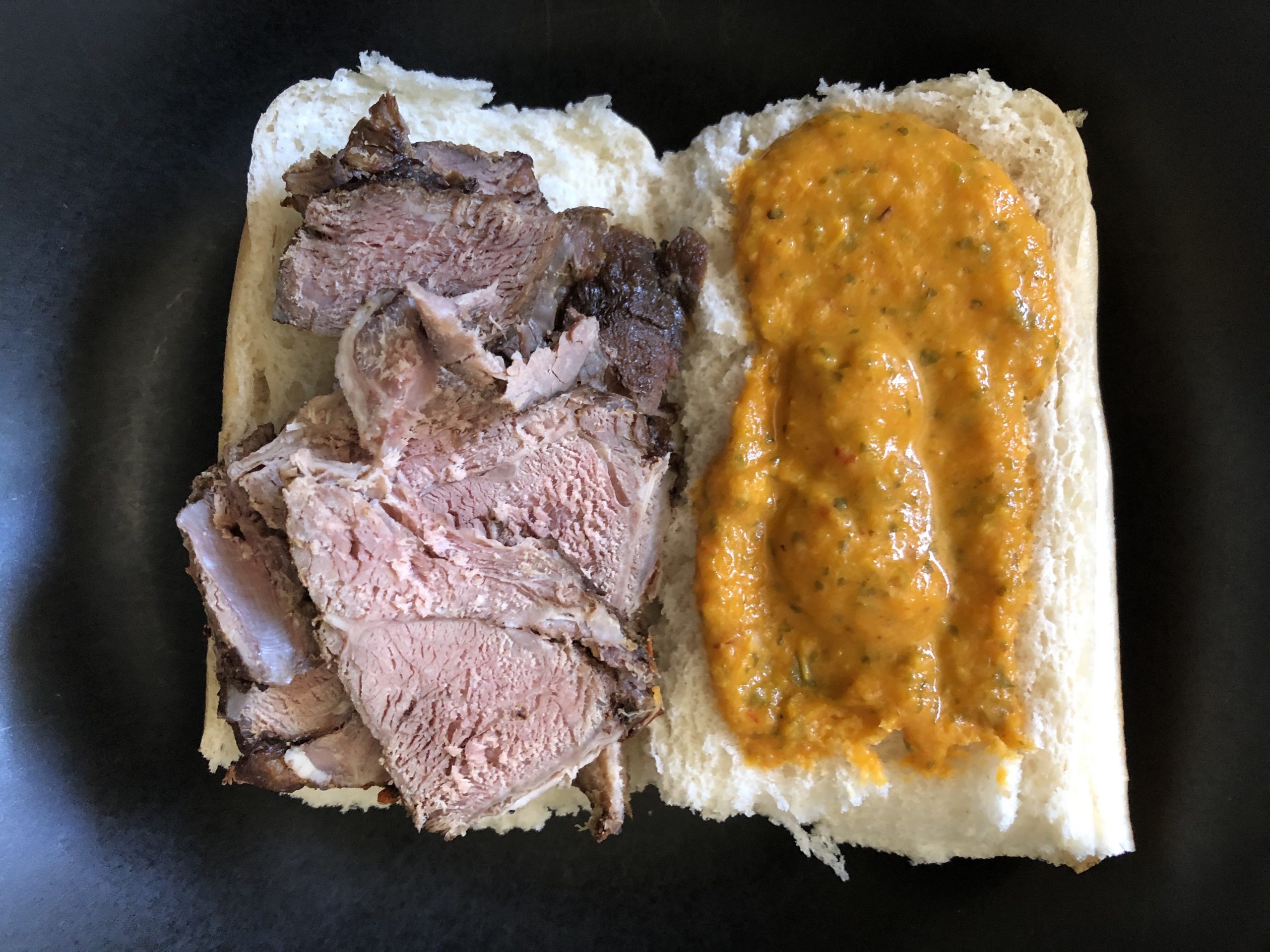 Roast beef sandwich with yellow pepper/cilantro salsa