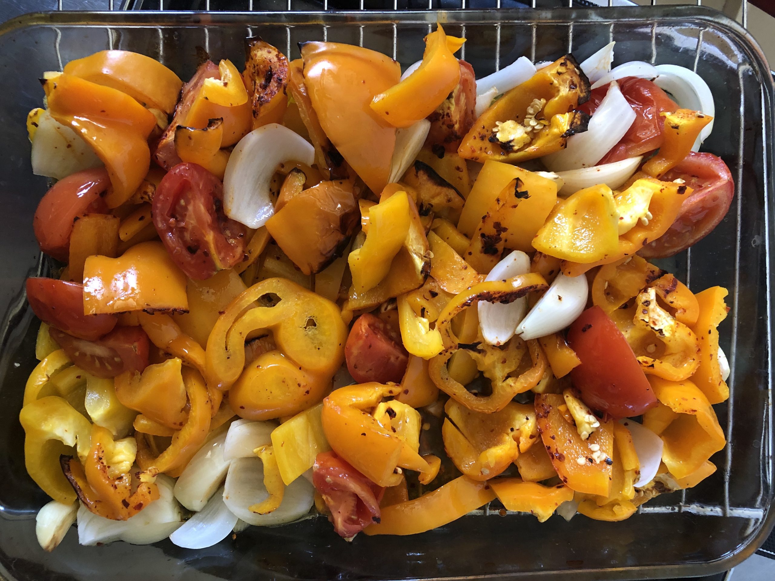 roasted peppers, tomatoes, onions, chili, garlic and olive oil