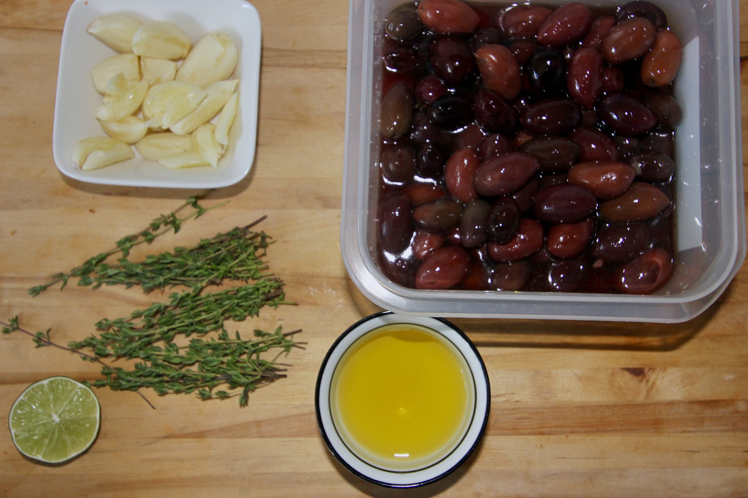 Kalamata olives with thyme and garlic
