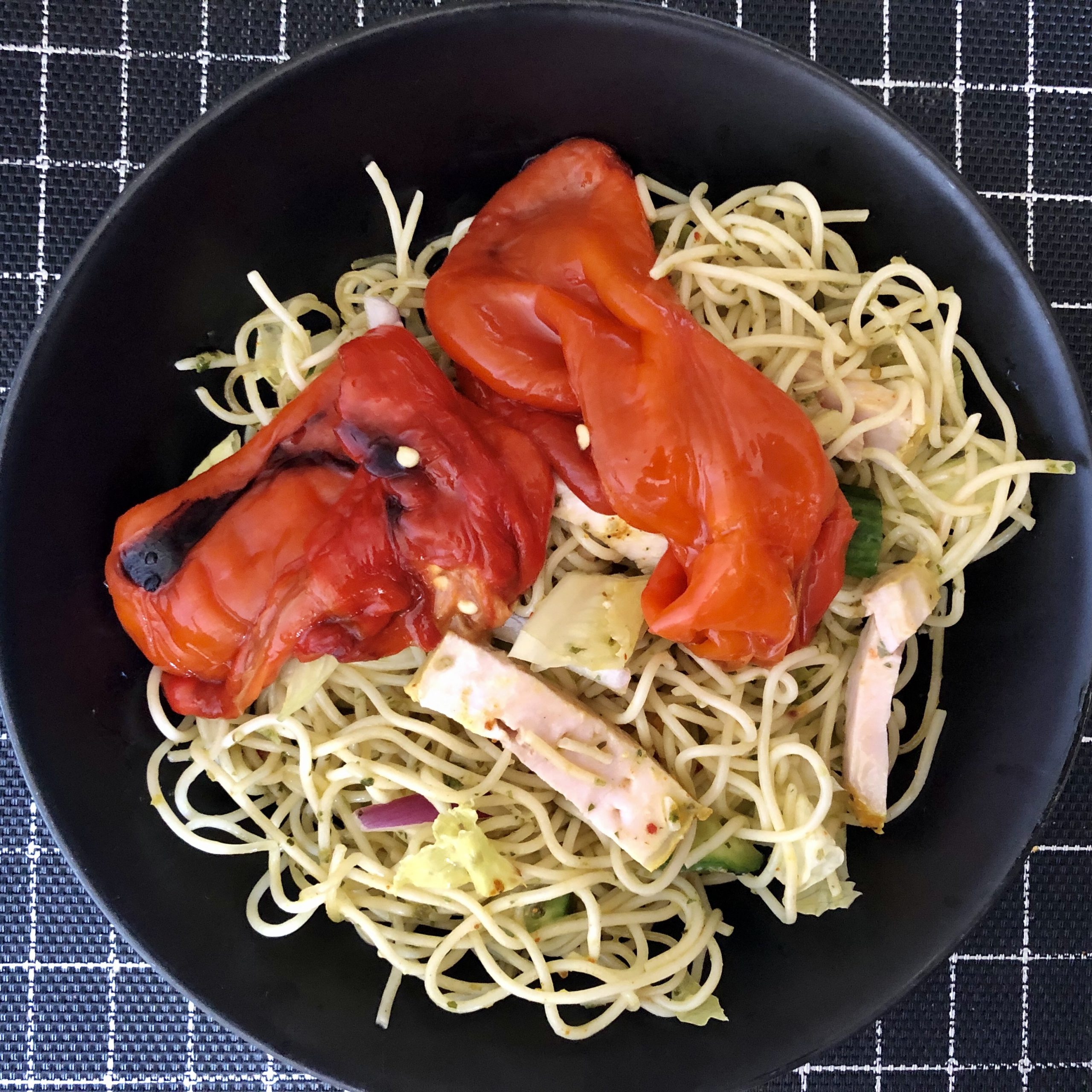Cold Pasta Salad with Roasted Peppers, Diced Chicken Breast, Cucumbers and Onions