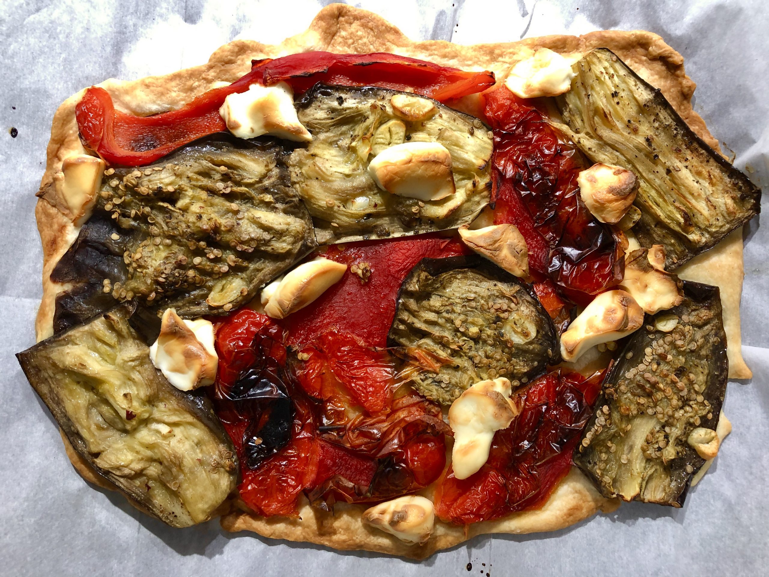 Galette with peppers, aubergines and goat cheese