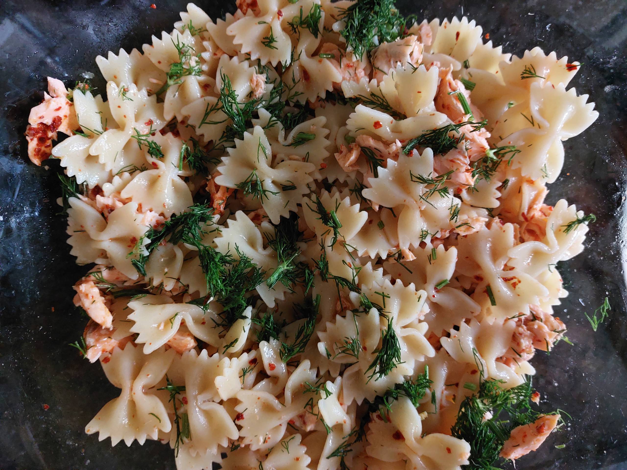 Lemony Salmon Farfalle Pasta with Chili Flakes and Dill
