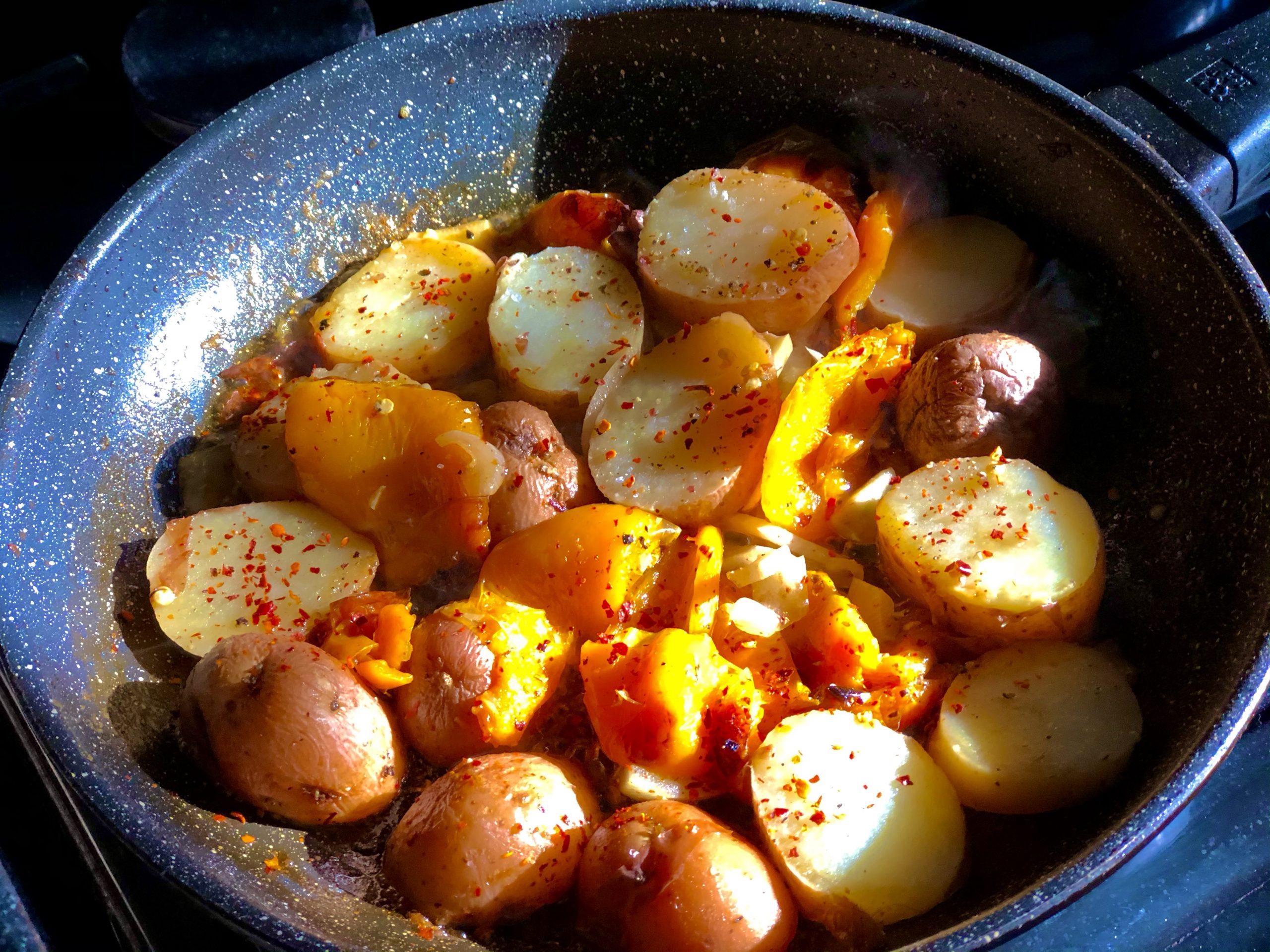 Spanish Tapas: Roasted Potatoes with Yellow Peppers and Chilli