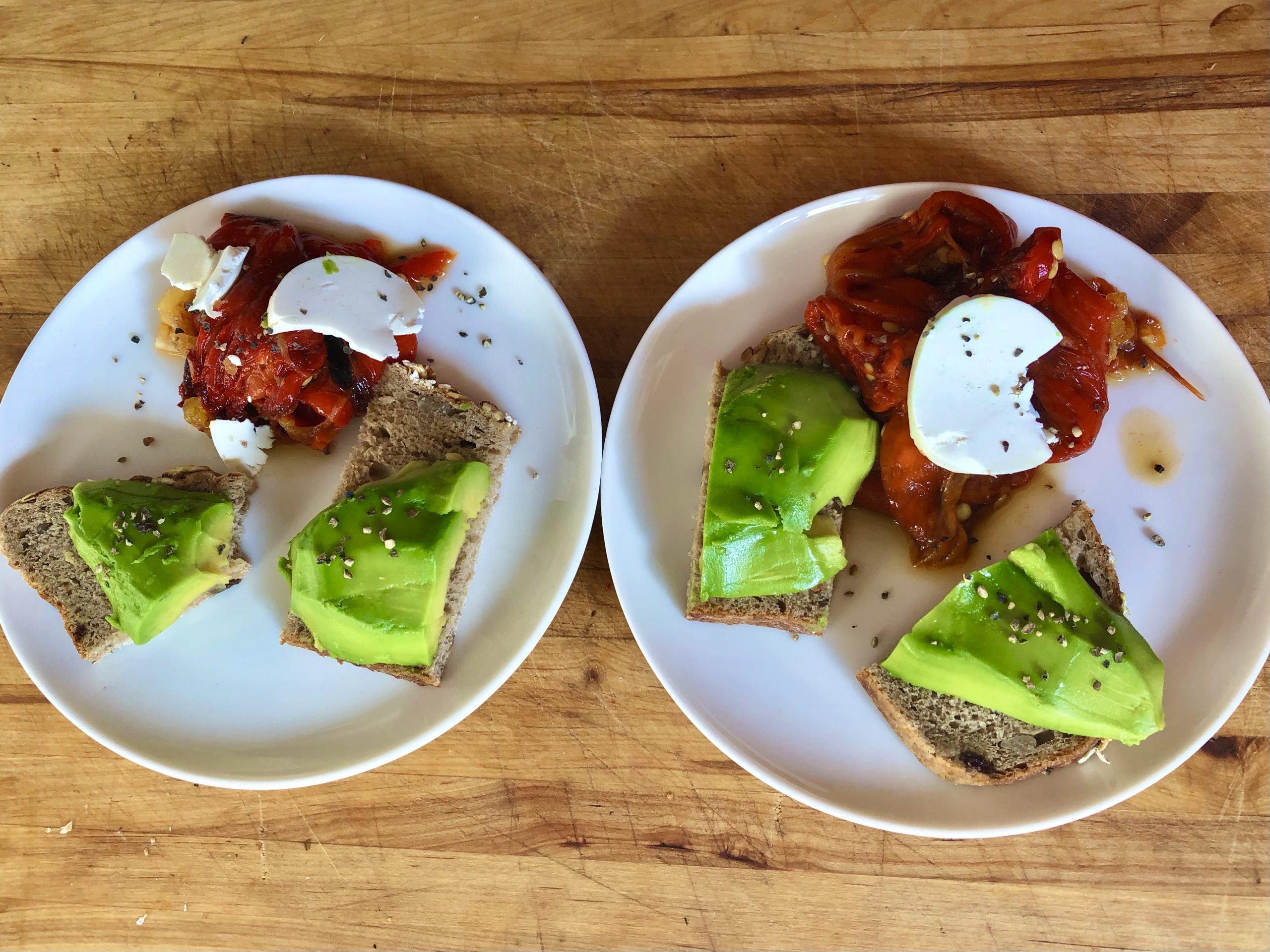 Tapas: Rye bread toast with avocado and Romano peppers