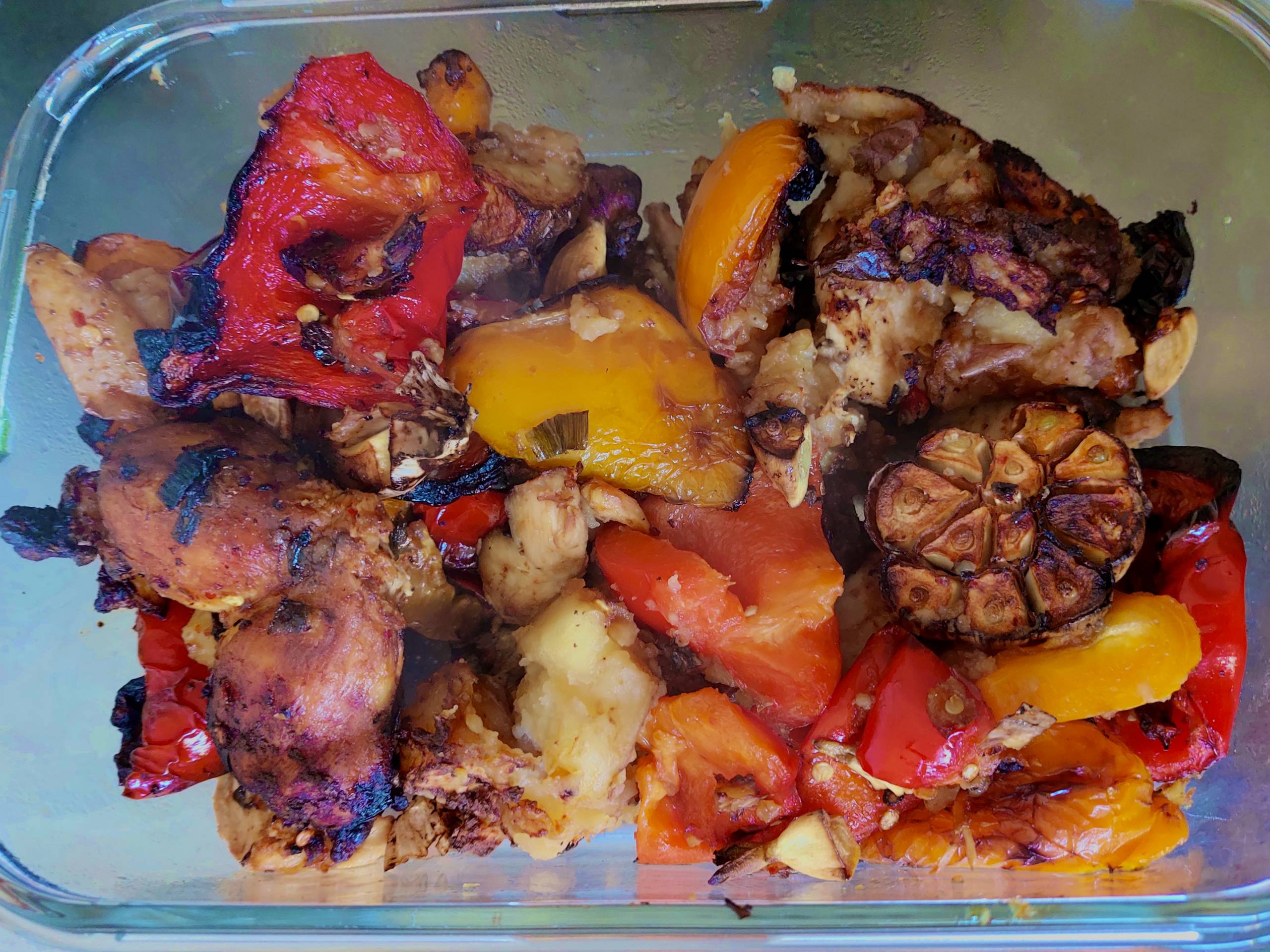 Flavorful Mixed Grill with Chicken, Peppers, Garlic, and Boiled Potatoes